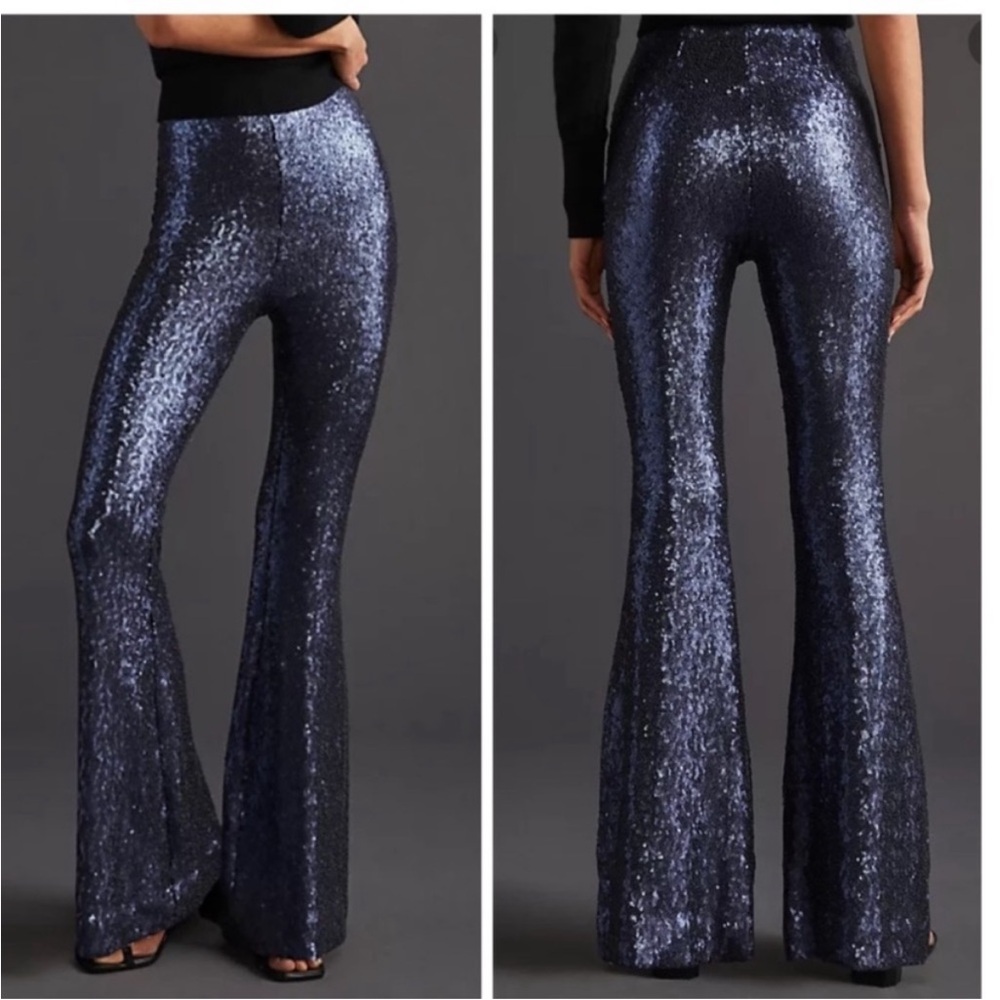 NWT Anthropologie Joni Sequin flare Pants Size 4 Navy blue
